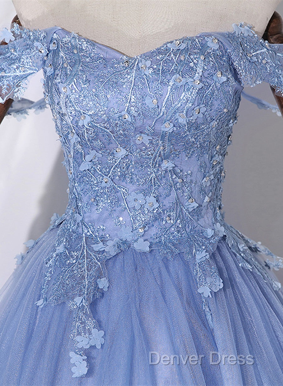 Blue Off Shoulder Tulle Prom Dress With Lace, Long Prom Dress Sweet 16 Dresses