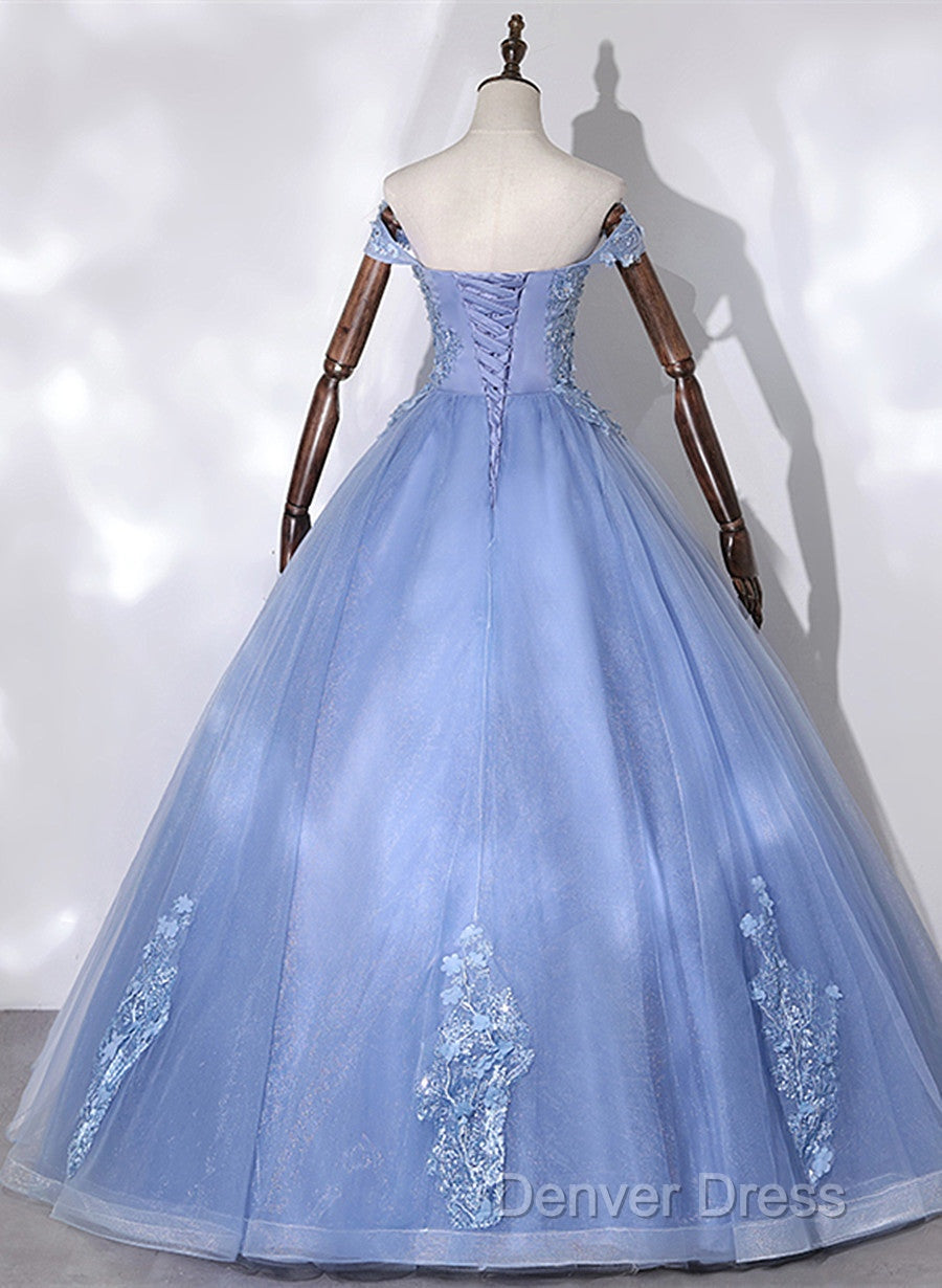 Blue Off Shoulder Tulle Prom Dress With Lace, Long Prom Dress Sweet 16 Dresses