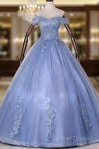 Blue Off Shoulder Tulle Prom Dress With Lace, Long Prom Dress Sweet 16 Dresses