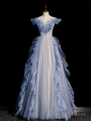 Blue Off Shoulder Tulle Sequin Beading Long Prom Dress, Blue Formal Dress
