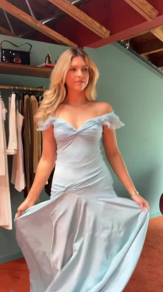 Elegant Blue A-Line Off-Shoulder Long Prom Dress Vintage Satin Chiffon Prom Dresses
