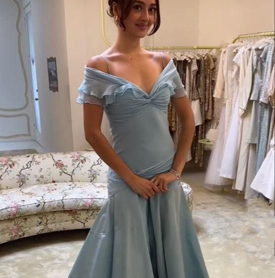 Elegant Blue A-Line Off-Shoulder Long Prom Dress Vintage Satin Chiffon Prom Dresses