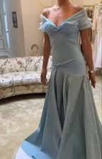 Elegant Blue A-Line Off-Shoulder Long Prom Dress Vintage Satin Chiffon Prom Dresses