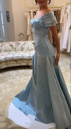 Elegant Blue A-Line Off-Shoulder Long Prom Dress Vintage Satin Chiffon Prom Dresses