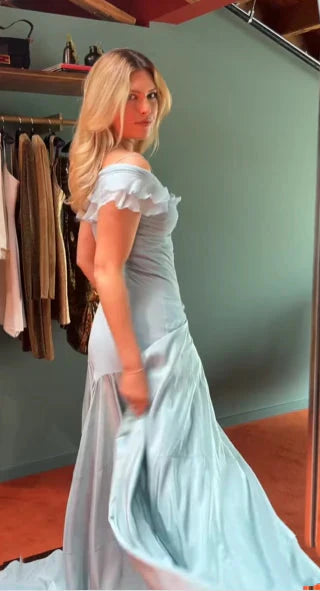 Elegant Blue A-Line Off-Shoulder Long Prom Dress Vintage Satin Chiffon Prom Dresses
