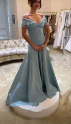 Elegant Blue A-Line Off-Shoulder Long Prom Dress Vintage Satin Chiffon Prom Dresses
