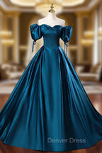 Blue Off the Shoulder Satin Floor Length Prom Dress with Corset, Blue Prom Dresses