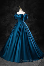Blue Off the Shoulder Satin Floor Length Prom Dress with Corset, Blue Prom Dresses