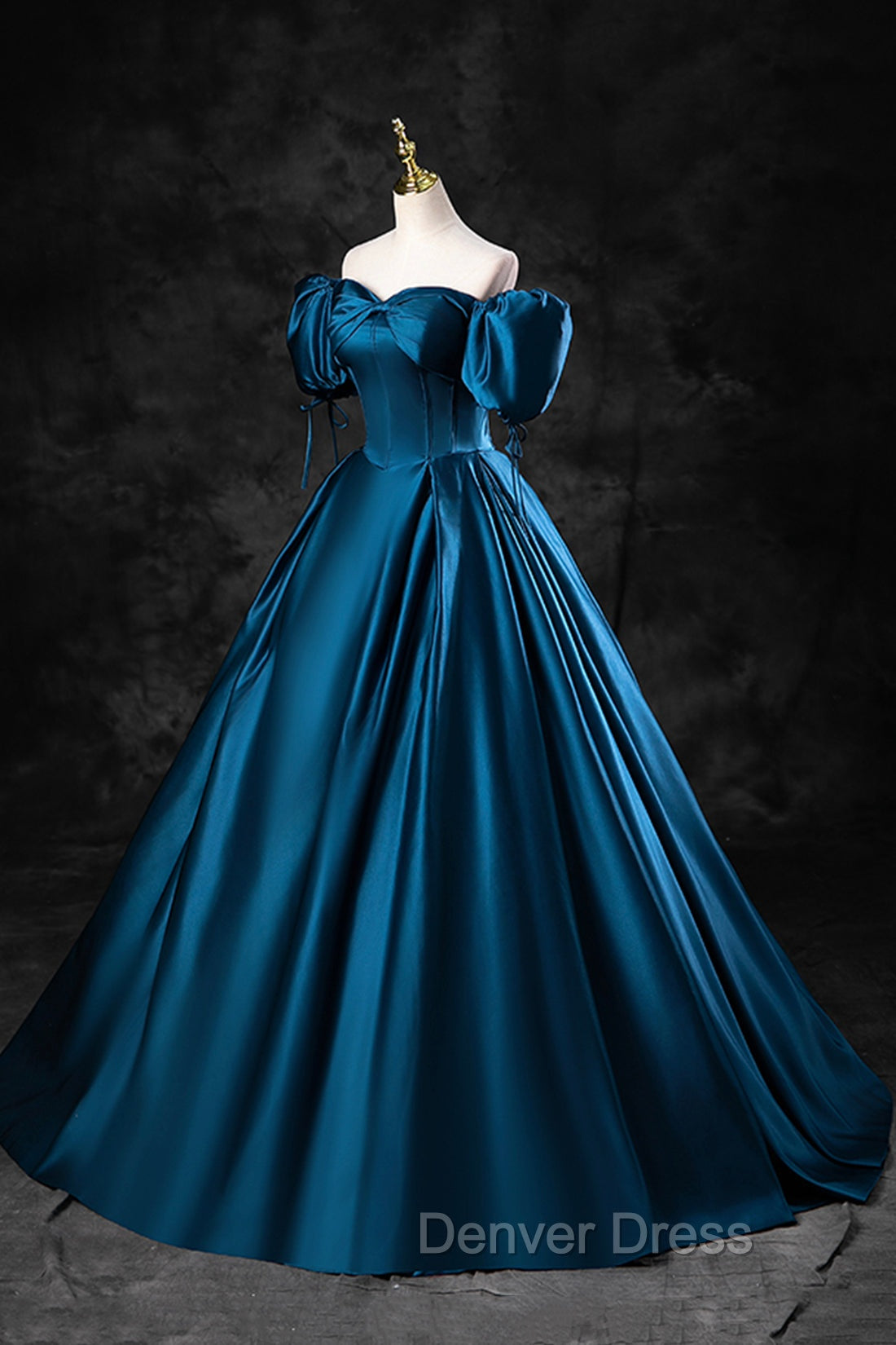Blue Off the Shoulder Satin Floor Length Prom Dress with Corset, Blue Prom Dresses