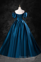 Blue Off the Shoulder Satin Floor Length Prom Dresses with Corset, Blue Evening Party Dresses