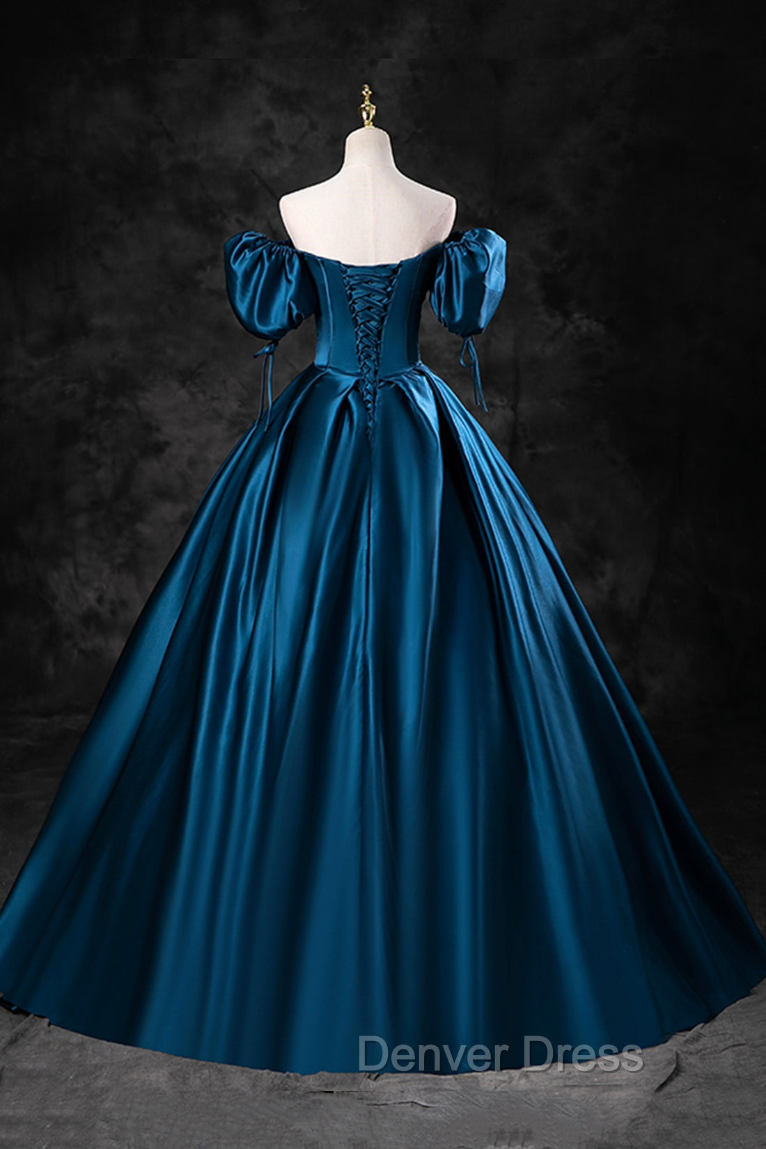 Blue Off the Shoulder Satin Floor Length Prom Dress with Corset, Blue Prom Dresses