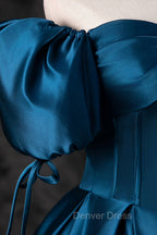 Blue Off the Shoulder Satin Floor Length Prom Dress with Corset, Blue Prom Dresses