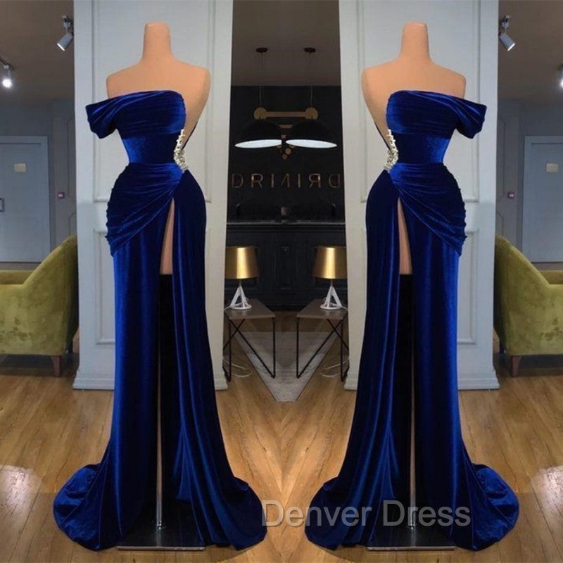 Blue Off The Shoulder Velvet Prom Dresses Mermaid Long With Split Secondary image