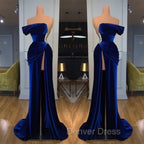 Blue Off The Shoulder Velvet Prom Dresses Mermaid Long With Split