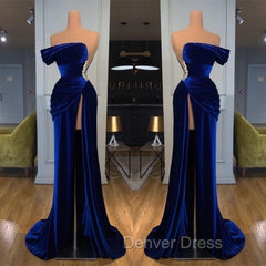 Blue Off-the-Shoulder Velvet Prom Dresses Mermaid Long With Split