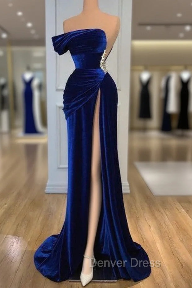 Blue Off The Shoulder Velvet Prom Dresses Mermaid Long With Split Main image