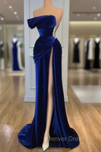 Blue Off The Shoulder Velvet Prom Dresses Mermaid Long With Split
