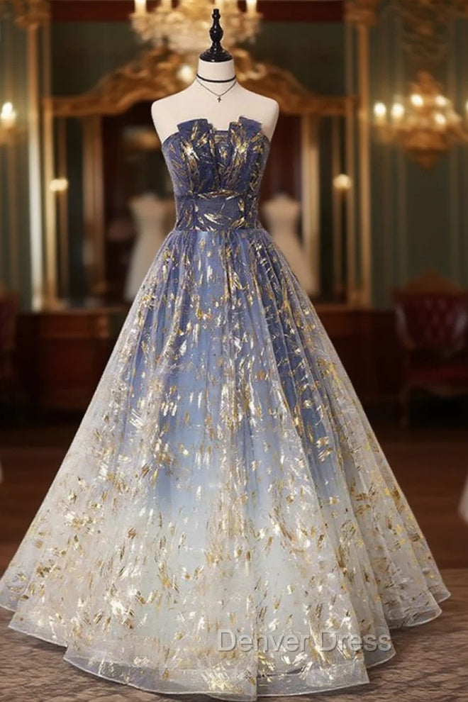 Blue Ombre Long Lace Prom Dresses, Blue Long Lace Tulle Formal Evening Dresses Main image