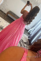 Blue One Shoulder A Line Sequins Prom Dresses