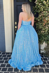 blue one shoulder a line sequins prom dress