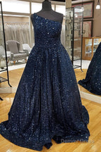 Blue One Shoulder A Line Sequins Prom Dresses