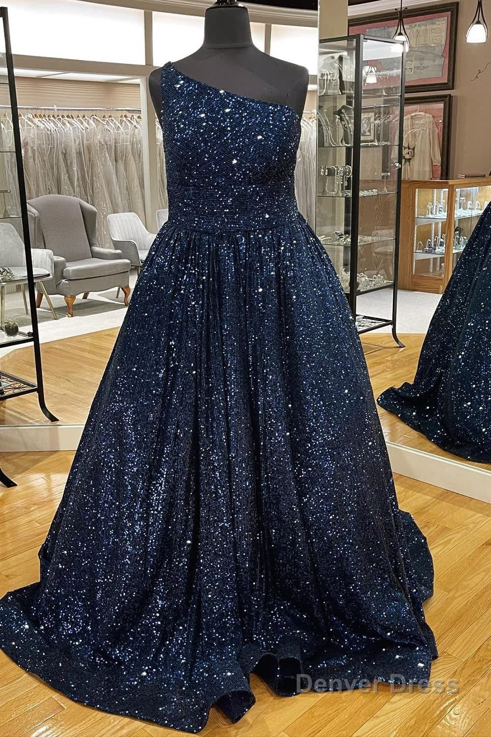 Blue One Shoulder A Line Sequins Prom Dresses