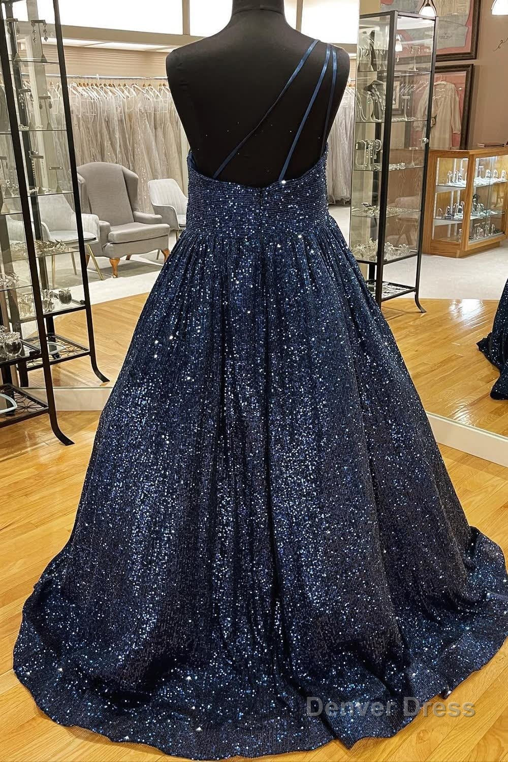 Blue One Shoulder A Line Sequins Prom Dresses