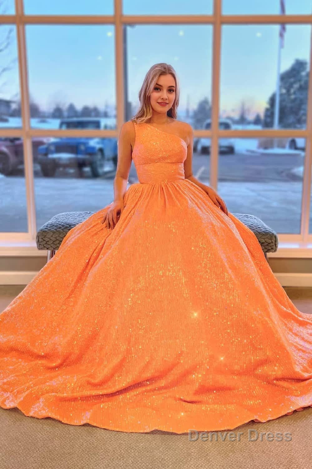 Blue One Shoulder A Line Sequins Prom Dresses