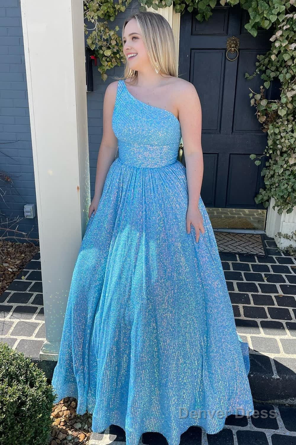 blue one shoulder a line sequins prom dress