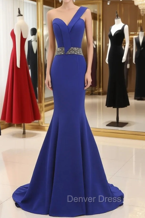 Blue One Shoulder Mermaid Satin Prom Dresses With Beading