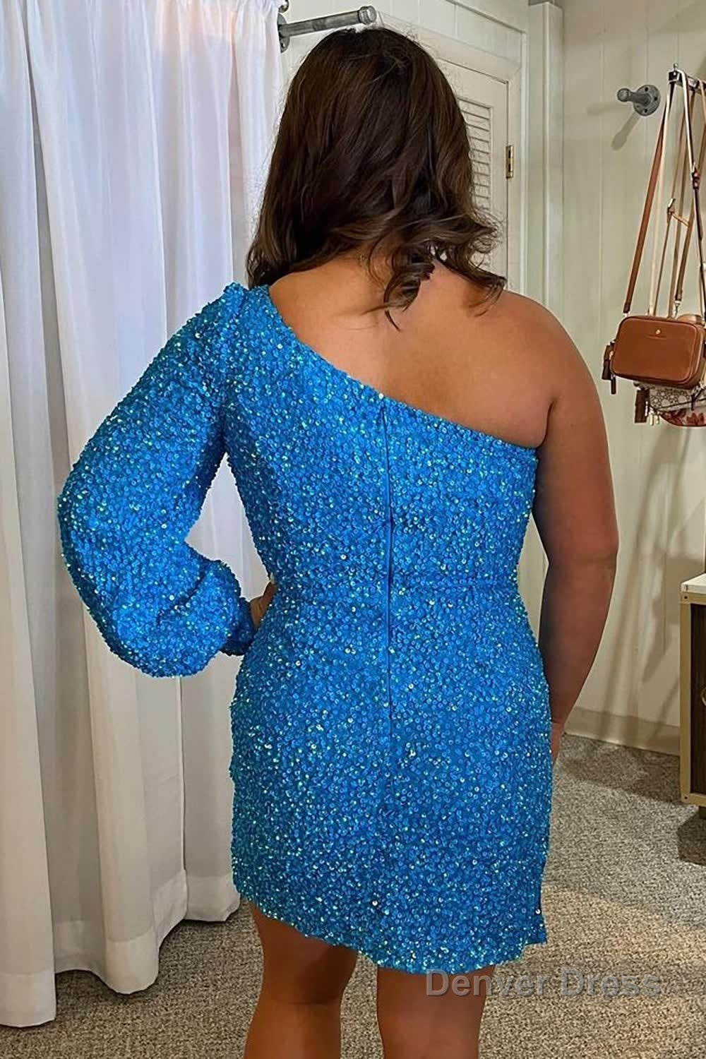 Blue One Shoulder Sequins Tight Homecoming Dress Secondary image