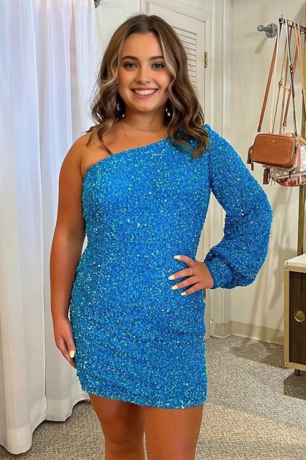 blue one shoulder sequins tight homecoming dress