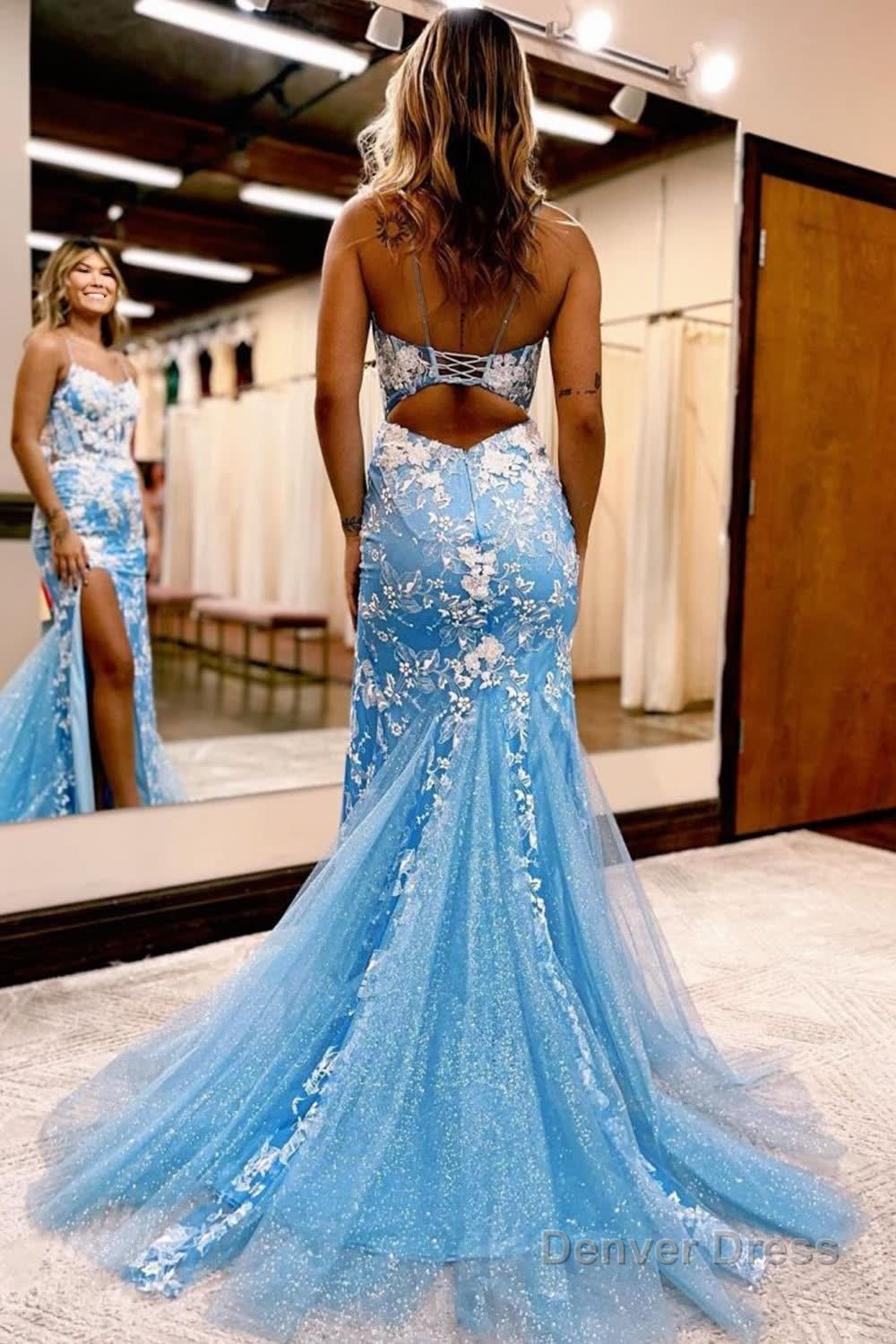 Blue Open Back Mermaid Lace Prom Dresses with Slit