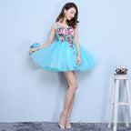 Blue Organza Mini Prom Dress With Embroidery Homecoming Dress, Blue Short Dresses