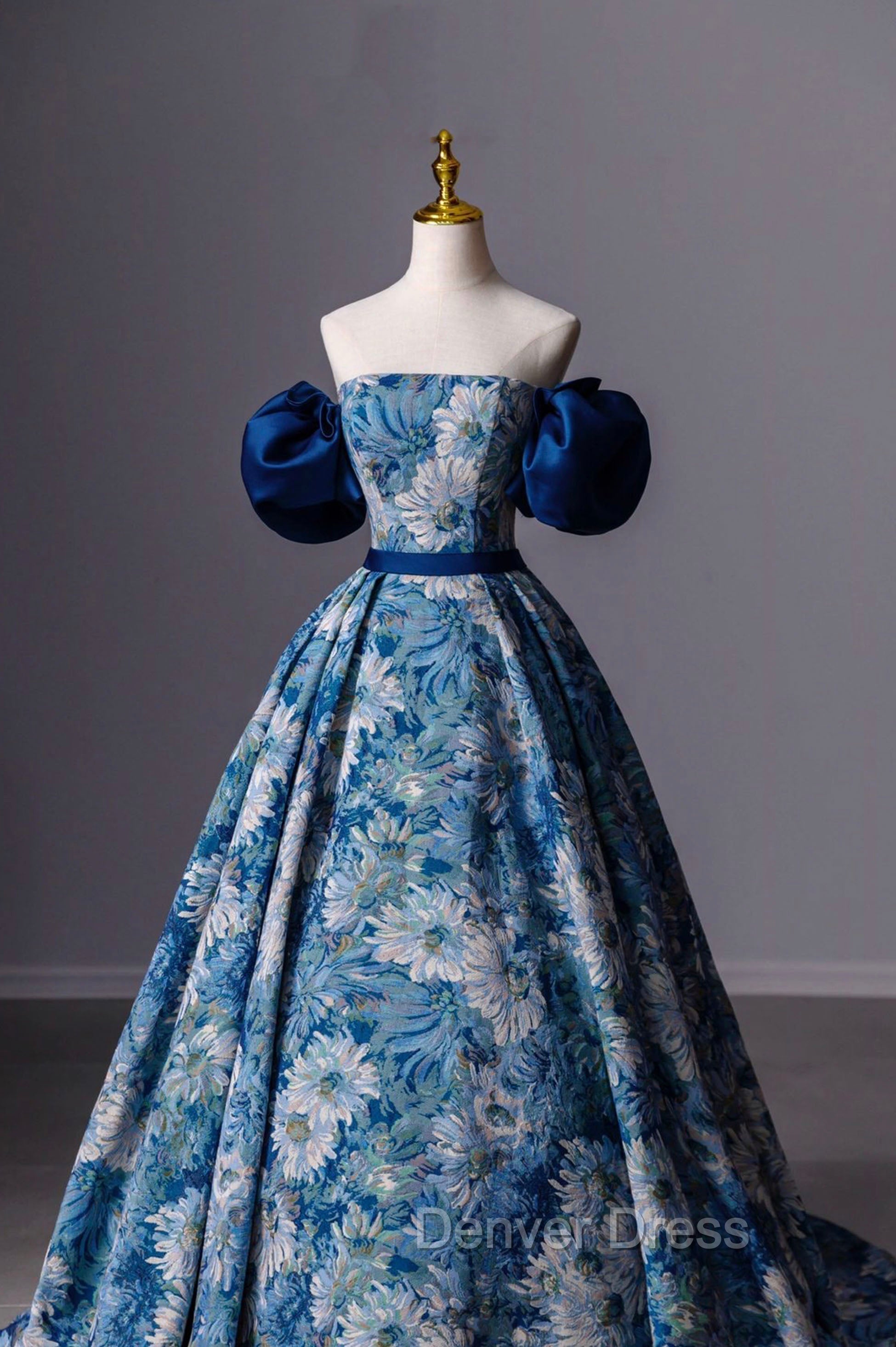 Blue Printed Long A-Line Prom Dresses, Blue Off the Shoulder Formal Evening Dresses Secondary image