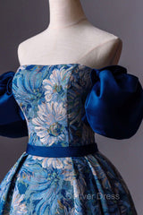 Blue Printed Long A-Line Prom Dresses, Blue Off the Shoulder Formal Evening Dresses
