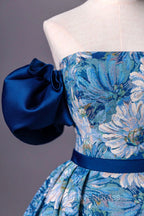 Blue Printed Long A Line Prom Dress, Blue Off the Shoulder Prom Dresses