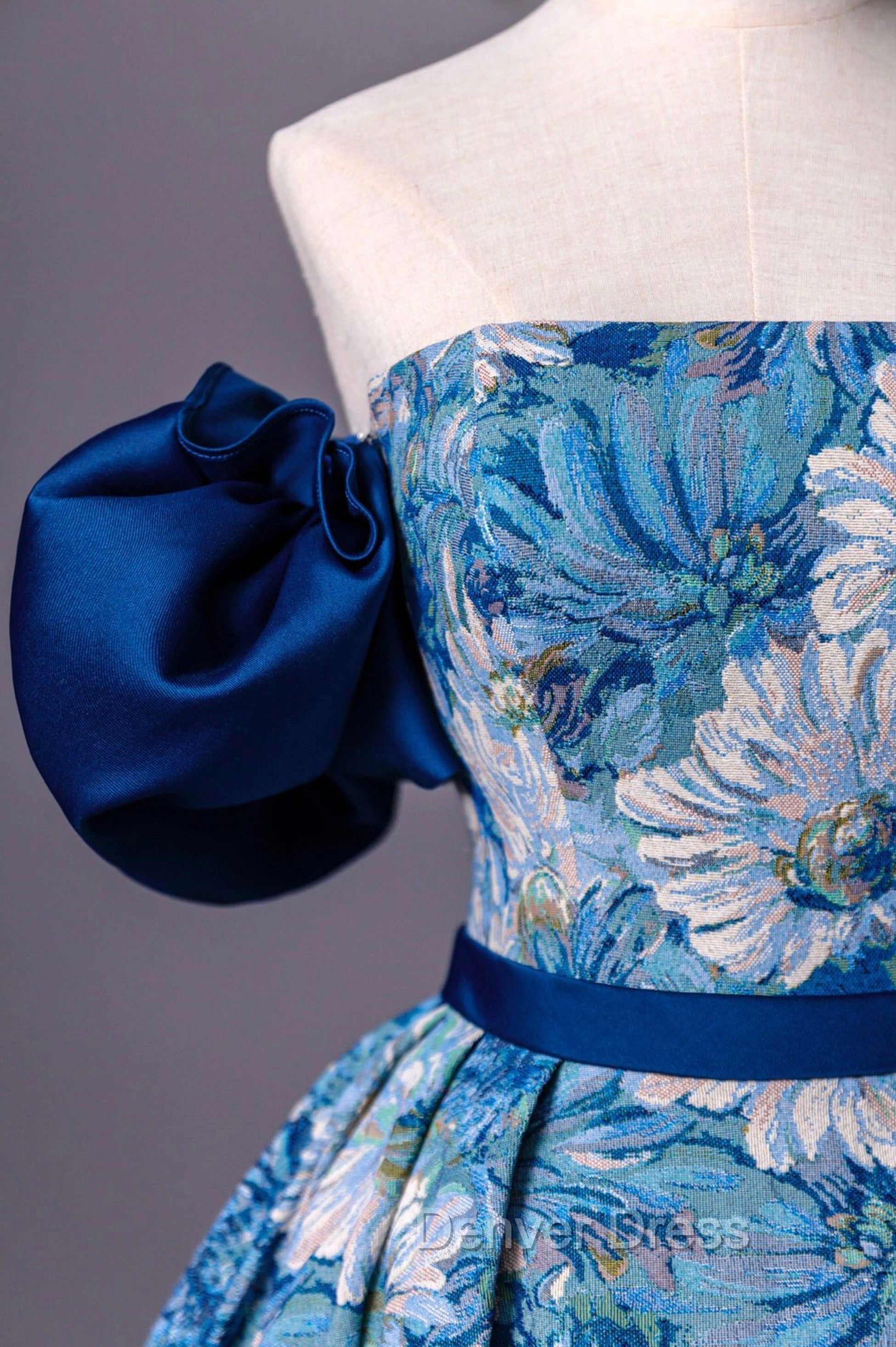 Blue Printed Long A Line Prom Dress, Blue Off the Shoulder Prom Dresses