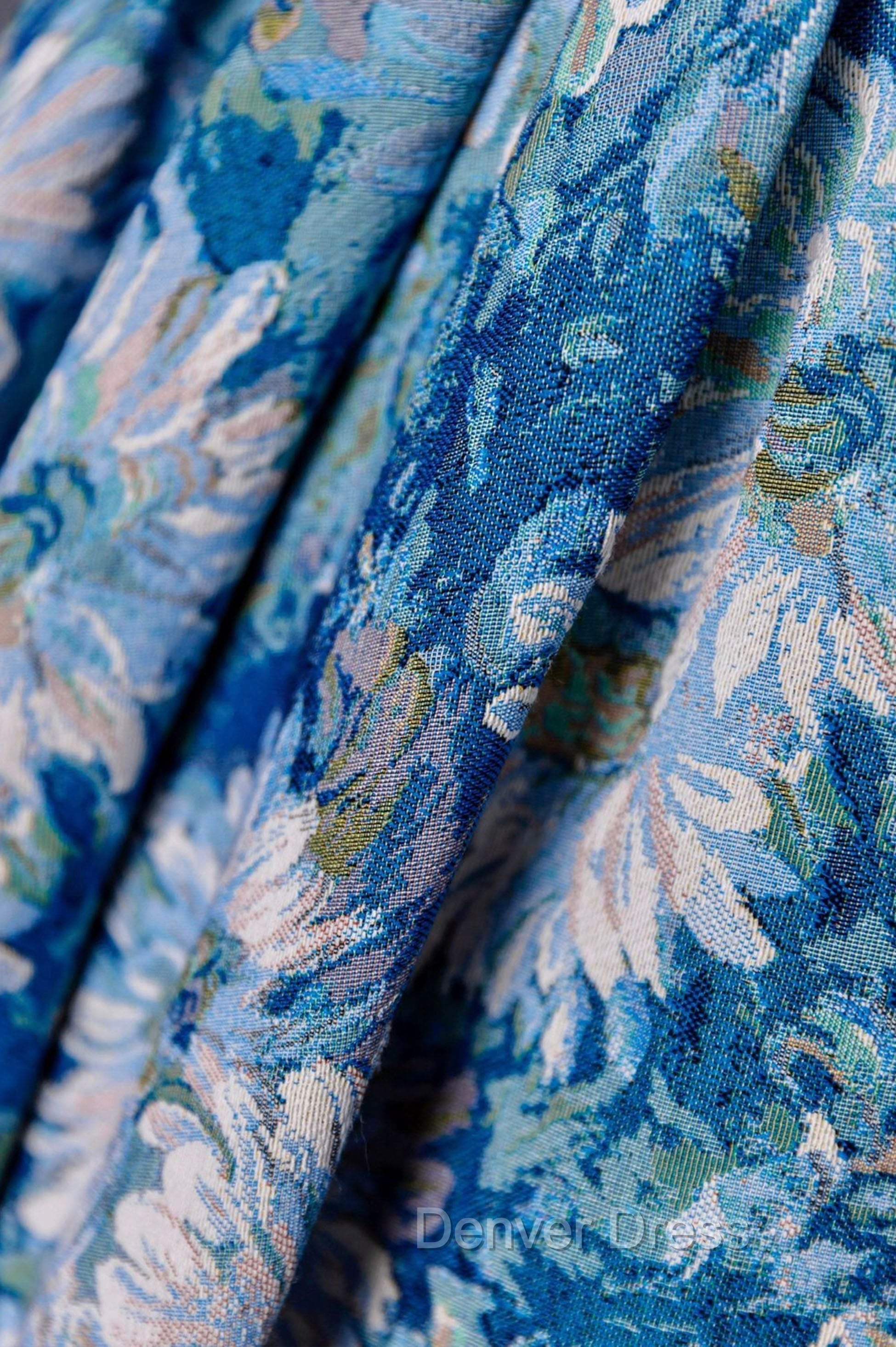Blue Printed Long A Line Prom Dress, Blue Off the Shoulder Prom Dresses