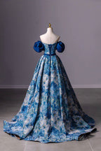 Blue Printed Long A-Line Prom Dresses, Blue Off the Shoulder Formal Evening Dresses