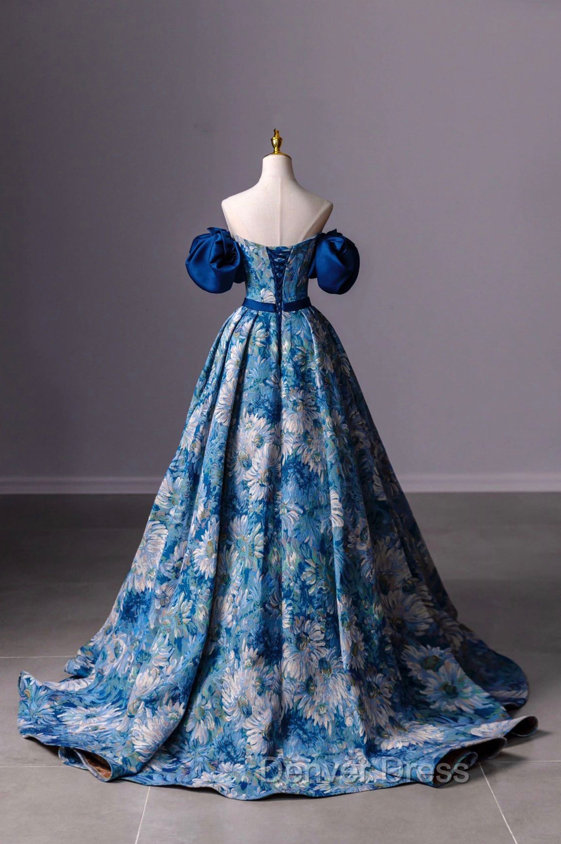 Blue Printed Long A-Line Prom Dresses, Blue Off the Shoulder Formal Evening Dresses