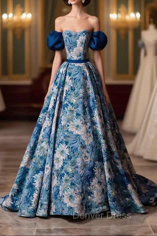 Blue Printed Long A-Line Prom Dresses, Blue Off the Shoulder Formal Evening Dresses Main image