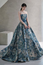 Blue Printed Strapless Ball Gown, A-Line Off The Shoulder Formal Dress