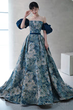 Blue Printed Strapless Ball Gowns, A-Line Off The Shoulder Prom Dresses