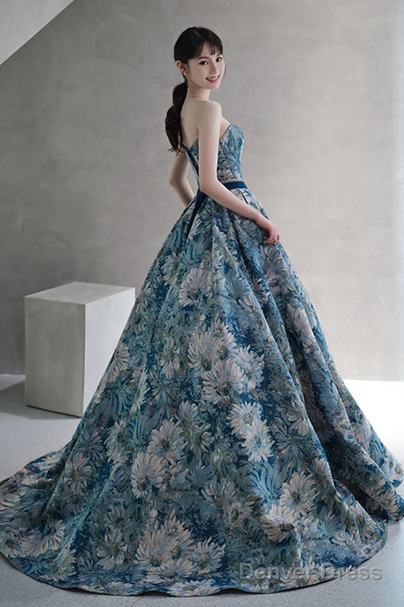Blue Printed Strapless Ball Gown, A-Line Off The Shoulder Formal Dress