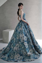 Blue Printed Strapless Ball Gowns, A-Line Off The Shoulder Prom Dresses
