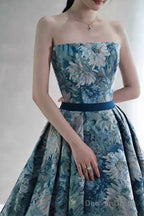 Blue Printed Strapless Ball Gowns, A-Line Off The Shoulder Prom Dresses
