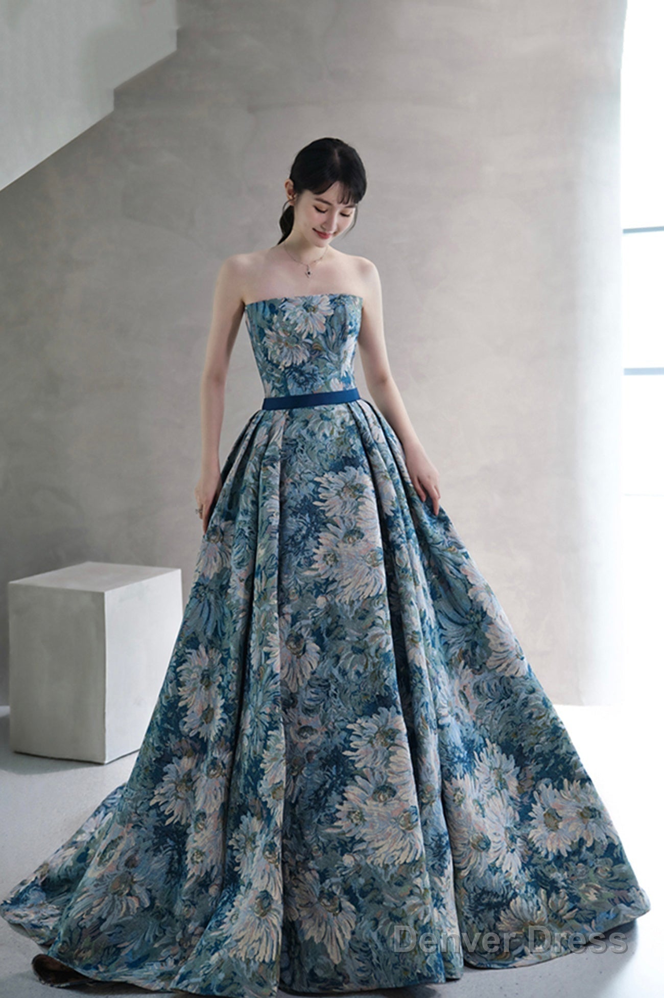Blue Printed Strapless Ball Gown, A-Line Off The Shoulder Formal Dress