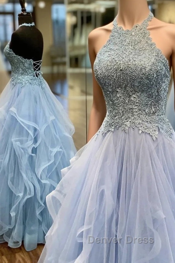 Baby Blue Prom Dresses A Line Halter Long Party Evening Dresses with Appliques Open Back