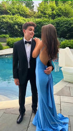 Blue Prom Dress, Mermaid Prom Dress, Open Back Prom Dresses